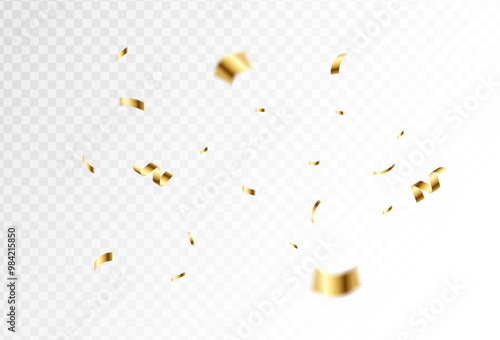 Gold confetti and ribbon streamers falling on a transparent background. blurred. Vector ,soft effect ,simple design,10 EPS