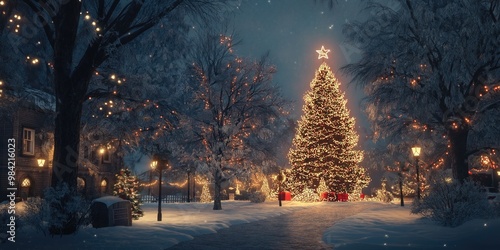 Dark festive Christmas night snowy decorated street