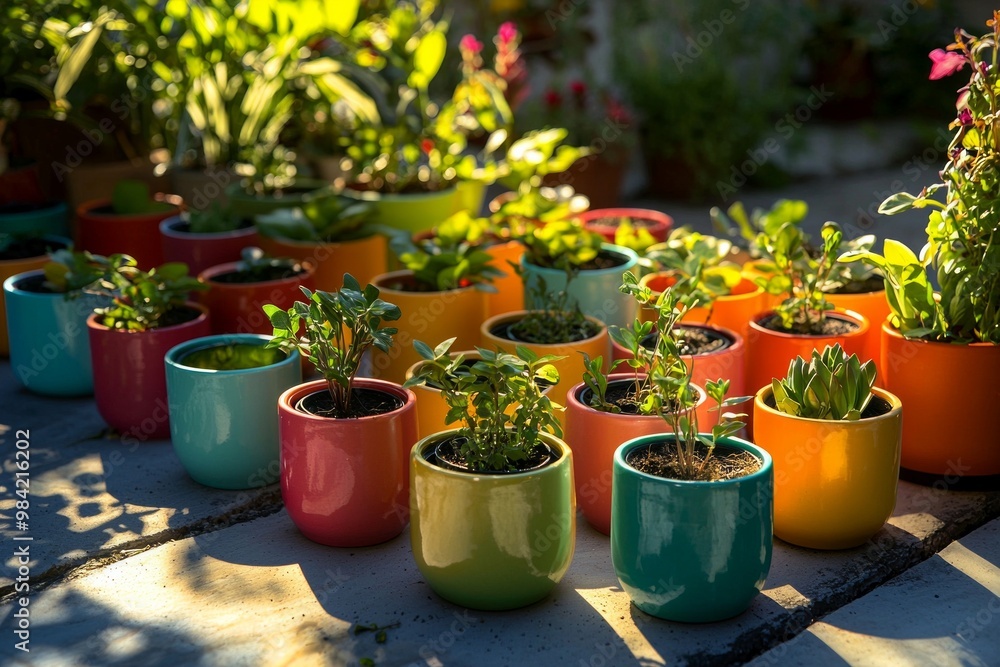 A set of colorful pots with plants arranged in a perfect square in a sunlit garden A set of colorful pots with plants arranged in a perfect square in a sunlit garden