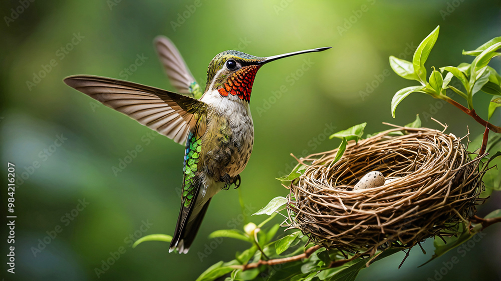 Fototapeta premium Golden brown hummingbird with yellow-green feathers & orange dots flits around her nest, where a few eggs rest. Surrounded by lush green plants, she creates a vibrant scene against a blur background.