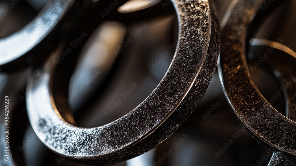 Close-up of interlocking metallic rings showcasing texture and detail. Close-up of interlocking metallic rings showcasing texture and detail.