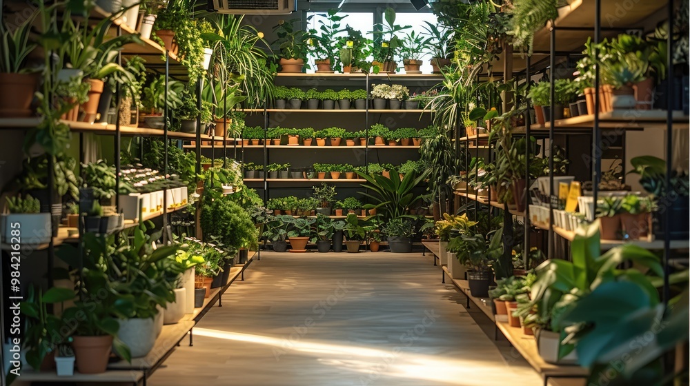 Fototapeta premium A plant store with planter pots on shelf. Generative AI.