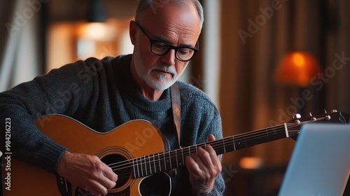 Passionate Guitarist Strumming in Warm, Inviting Light