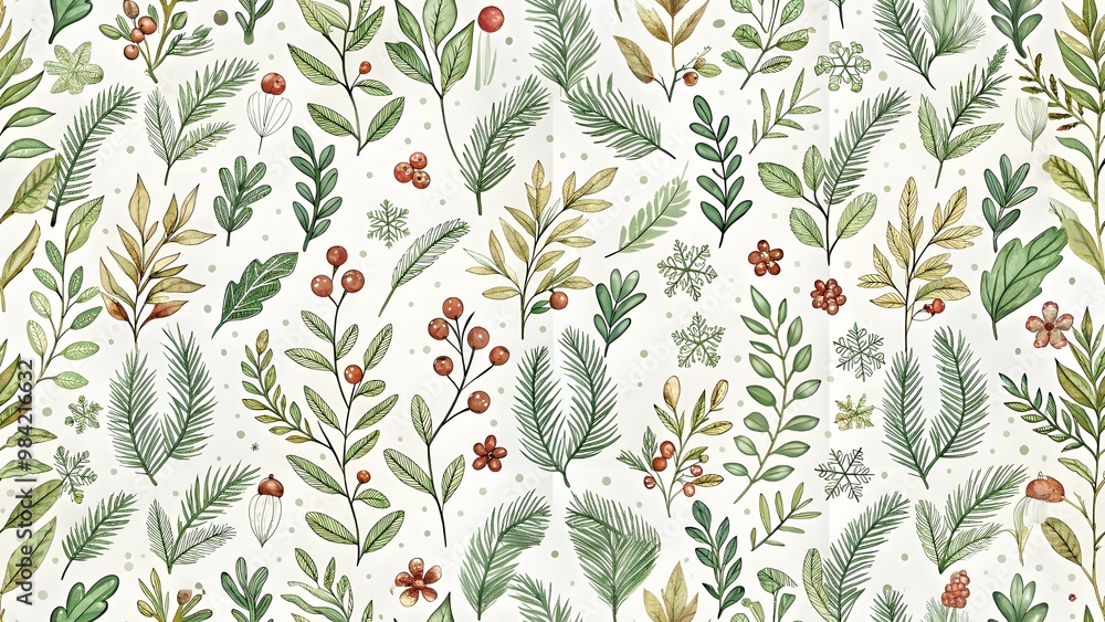Fototapeta Christmas seamless backgrounds. Lovely hand-drawn horizontal seamless borders with winter branches, Christmas design, great for decorations, prints, cards