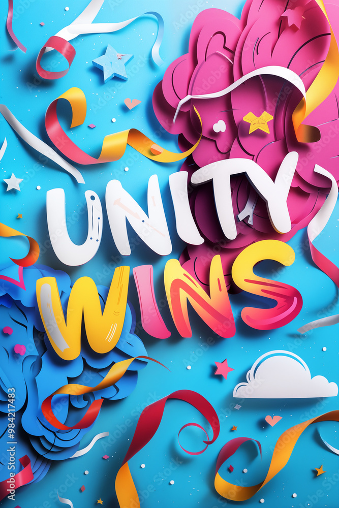 Naklejka premium Unity wins text design with colorful ribbons and confetti on vibrant blue background