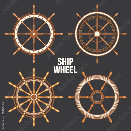 Wooden vintage steering wheels. Ship, sailboat or yacht retro wheel symbol. Brown nautical rudder icon. Marine logotype design element. Vector illustration