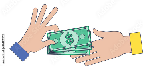 Two hands exchanging a stack of dollar bills, symbolizing financial transactions or payments.
