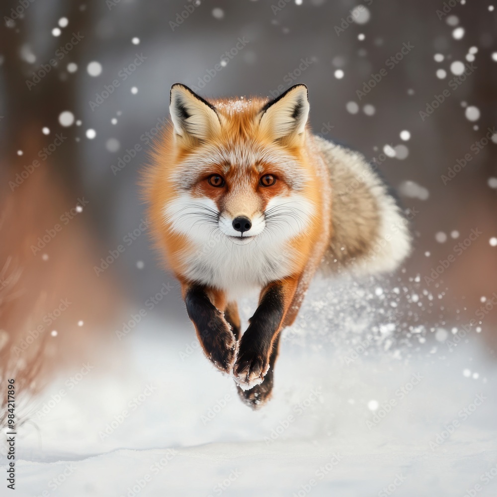 Obraz premium Red Fox Running Snow.