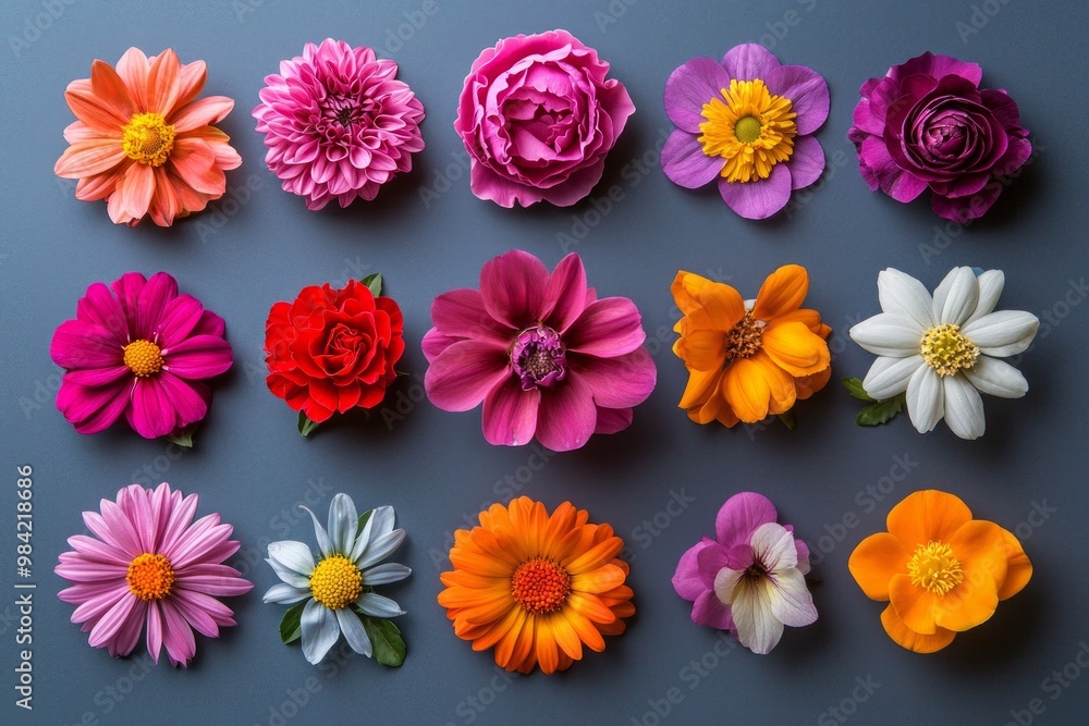 A set of vibrant flowers arranged in a perfect grid on a backdrop. A set of vibrant flowers arranged in a perfect grid on a backdrop.