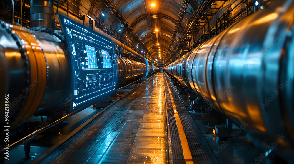 Futuristic tunnel with advanced technology, showcasing glowing screens and metallic pipes, ideal for tech and innovation themes. Futuristic tunnel with advanced technology, showcasing glowing screens and metallic pipes, ideal for tech and innovation themes.