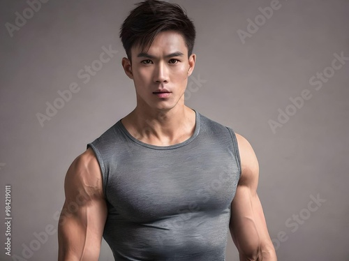Handsome Asian Male Model with Muscular Body and Tank Top Looking at Camera Portrait