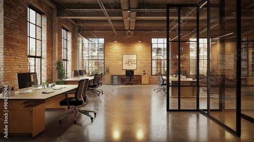 A contemporary office space with exposed brick walls and glass partitions, creating a balance