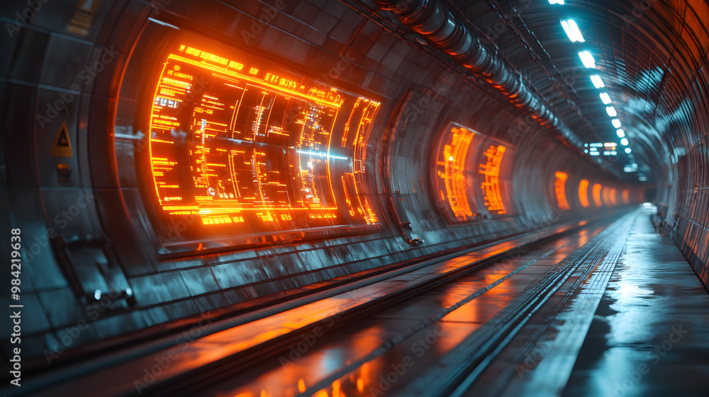 Futuristic tunnel with glowing panels, reflecting light on wet pavement, showcasing advanced technology and design. Futuristic tunnel with glowing panels, reflecting light on wet pavement, showcasing advanced technology and design.