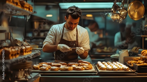 Pastry Chef Piping Cream Into Eclairs In Bakery Kitchen.