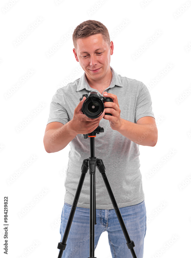 Obraz premium Photographer with camera isolated on white background.