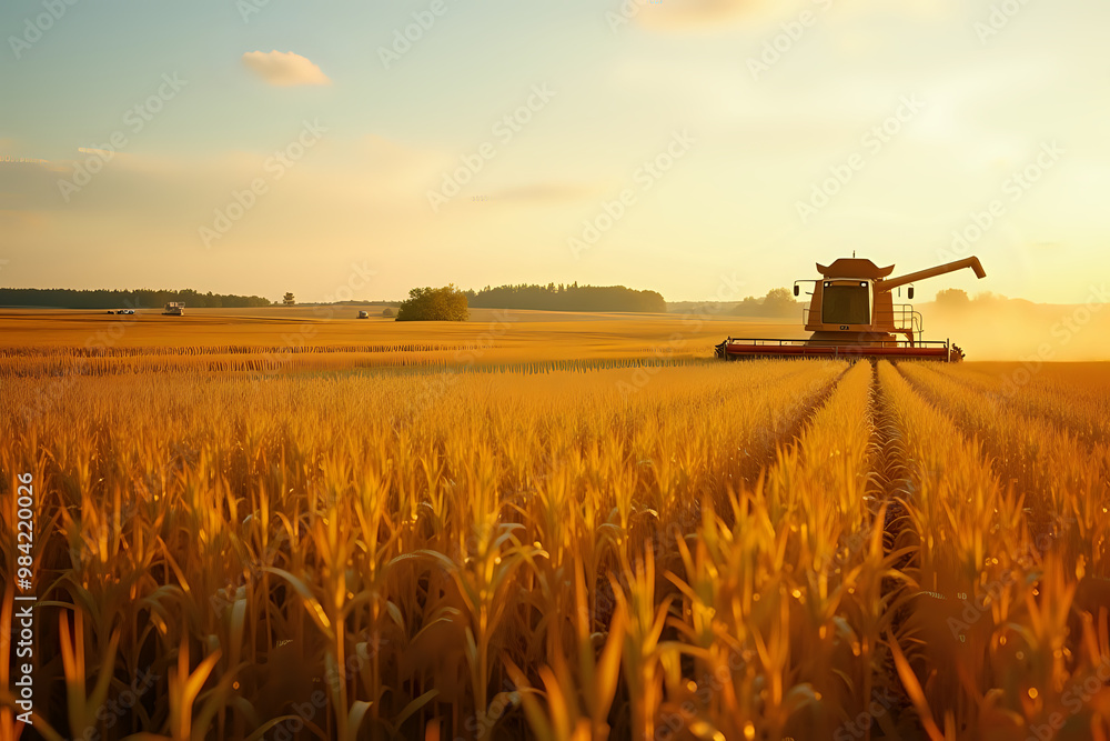 Fototapeta premium Combine harvester with golden glow harvesting wheat against sunset sky