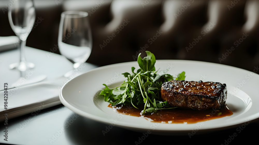 A white plate holds a plant-based steak garnished with fresh greens and a rich sauce, elegantly presented on a dark table A white plate holds a plant-based steak garnished with fresh greens and a rich sauce, elegantly presented on a dark table