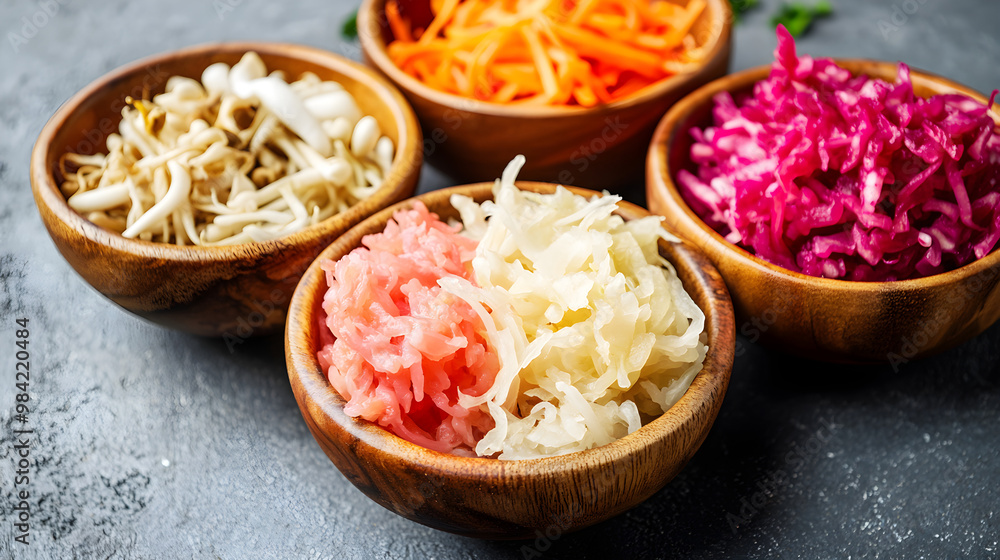 A wooden bowl of sauerkraut surrounded by bowls of colorful fermented vegetables highlighting healthy eating and culinary diversity A wooden bowl of sauerkraut surrounded by bowls of colorful fermented vegetables highlighting healthy eating and culinary diversity
