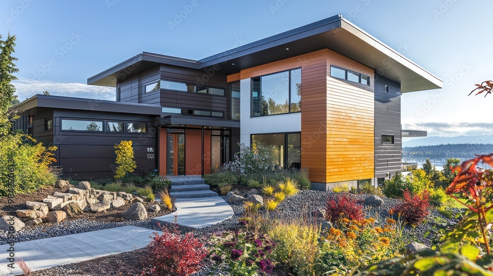 Obraz premium An architecta??s own home with experimental James Hardie siding applications, featuring a mix of textures and colors, set as a focal point in an innovative housing development