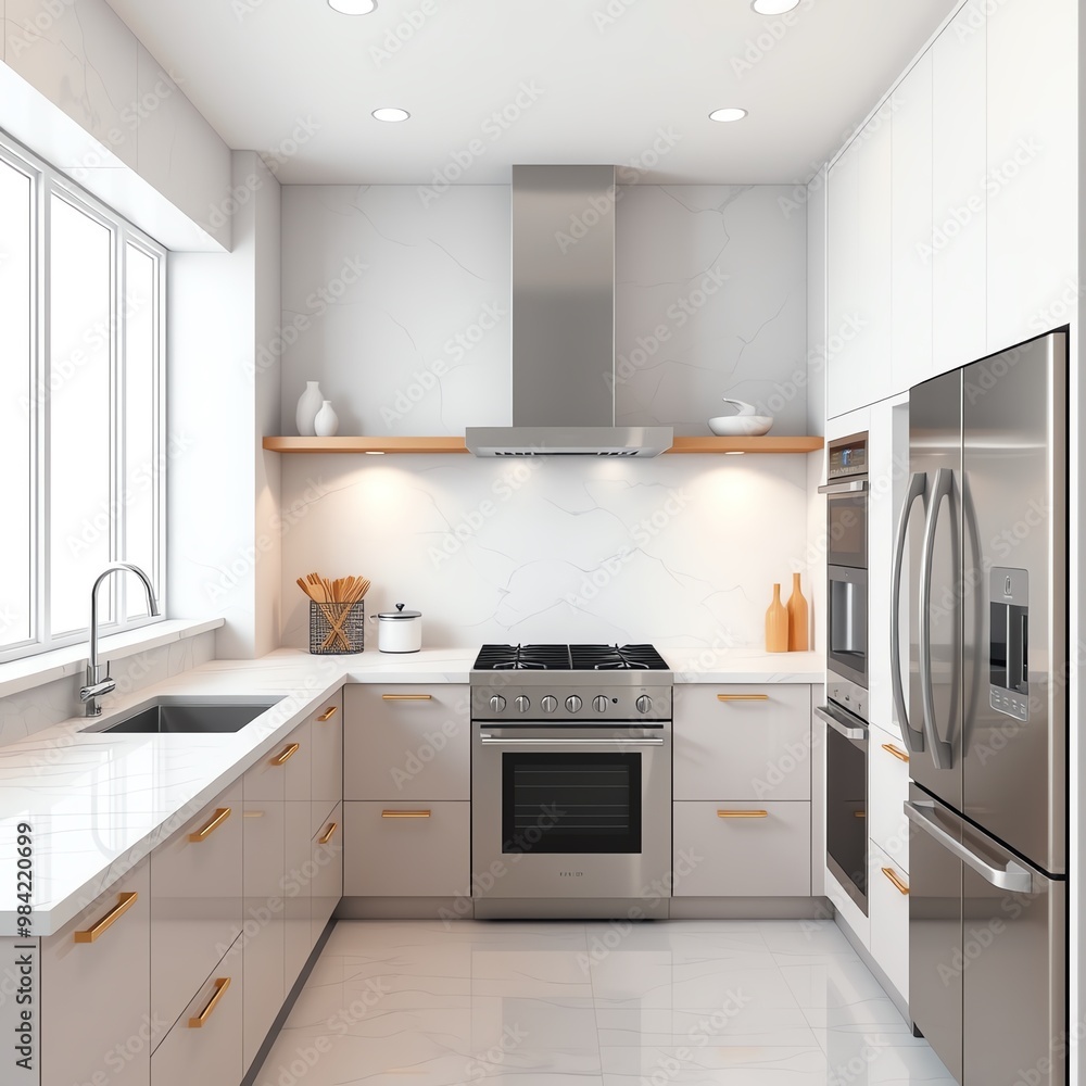 Fototapeta premium Modern kitchen design with stainless steel appliances