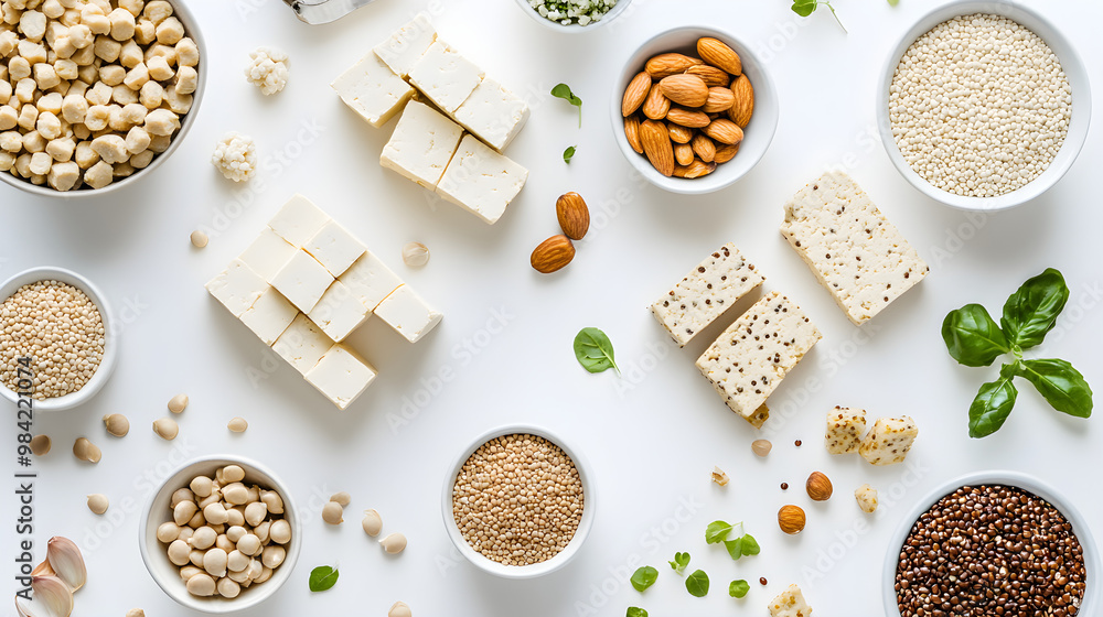 A flat lay showcases a variety of plant-based proteins including tofu, nuts, and seeds arranged artistically on a light background A flat lay showcases a variety of plant-based proteins including tofu, nuts, and seeds arranged artistically on a light background