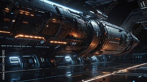 Futuristic spaceship in a dark space environment photo