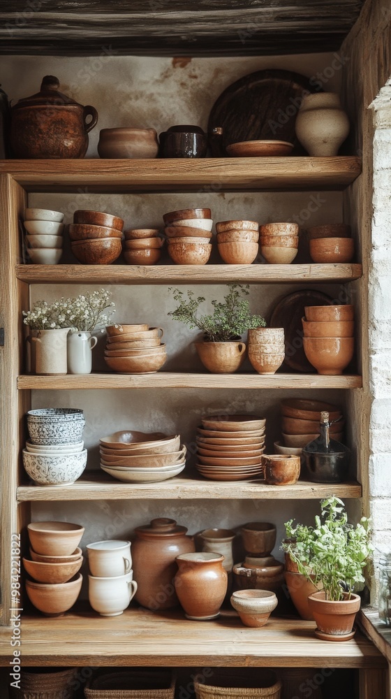 A rustic shelf filled with various ceramic and clay bowls, showcasing handmade craftsmanship and earthy tones. A rustic shelf filled with various ceramic and clay bowls, showcasing handmade craftsmanship and earthy tones.