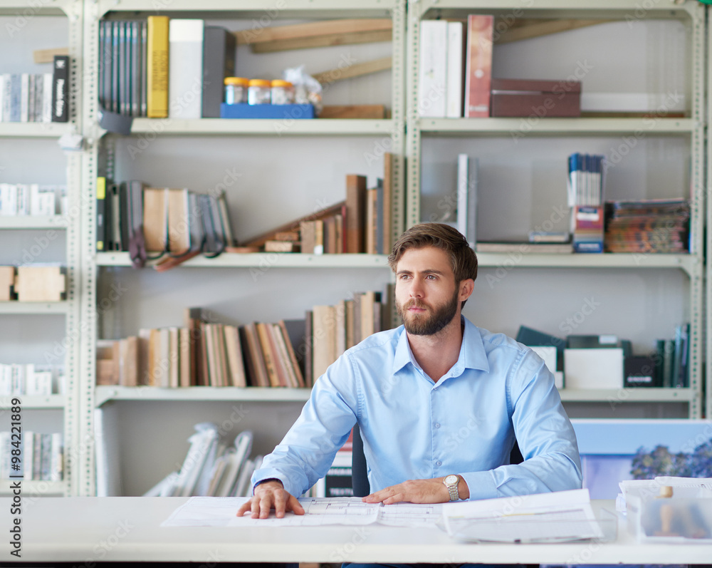 Office, thinking and man at desk with blueprint, inspiration or paperwork for design project management. Architect, businessman or professional with creative ideas, floor plan or business development Office, thinking and man at desk with blueprint, inspiration or paperwork for design project management. Architect, businessman or professional with creative ideas, floor plan or business development