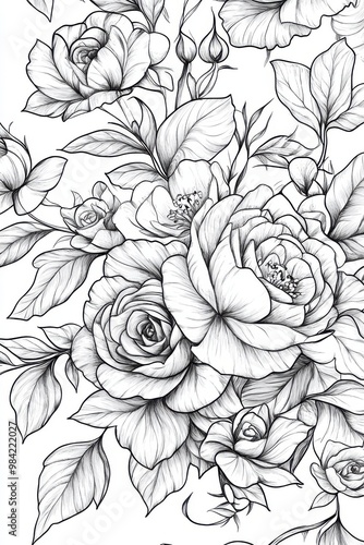 A detailed black-and-white illustration of a bouquet of flowers