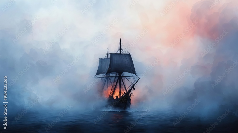 A mystical ship sailing through a foggy landscape, evoking adventure and exploration on the open sea. A mystical ship sailing through a foggy landscape, evoking adventure and exploration on the open sea.
