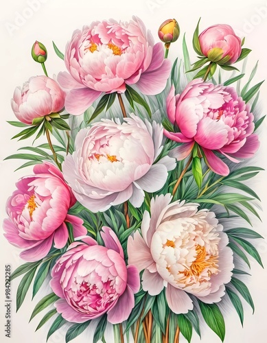 A stunning arrangement of blooming pink peonies with soft pastel hues in the background. Flowers display delicate petals and rich textures, celebrating nature elegance. Generative AI