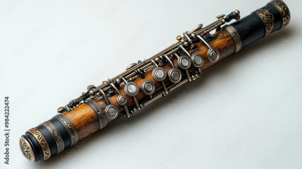 Naklejka premium Ornate wooden flute with silver keys, showcasing craftsmanship.