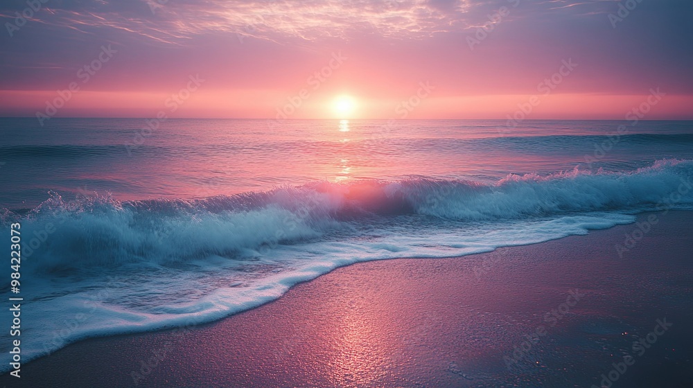 Pink Sunset Over Ocean Waves Crashing on Sandy Beach Pink Sunset Over Ocean Waves Crashing on Sandy Beach