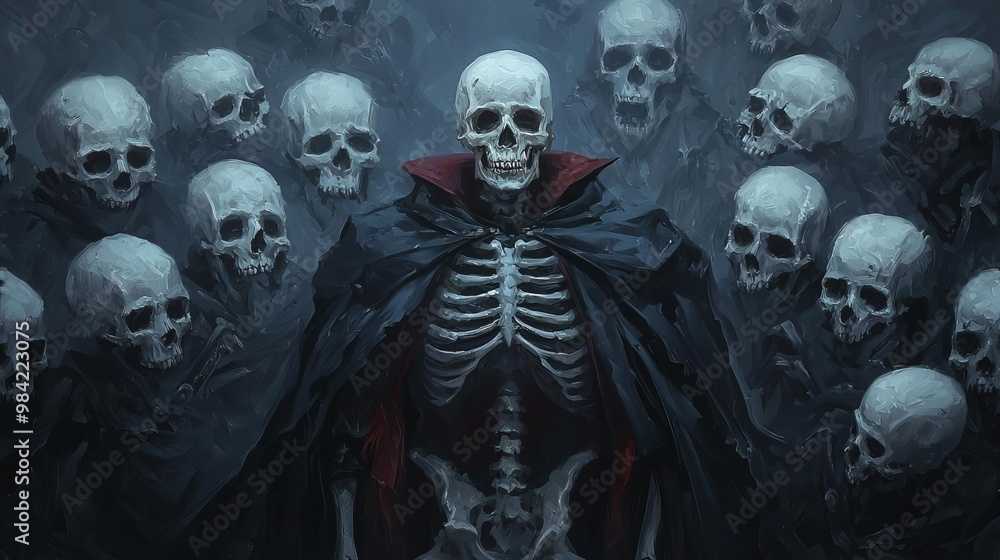 A dark and eerie scene featuring a skeletal figure in a cape surrounded by a circle of skulls, evoking themes of death and mystery. A dark and eerie scene featuring a skeletal figure in a cape surrounded by a circle of skulls, evoking themes of death and mystery.