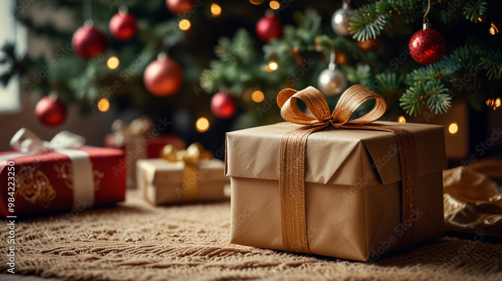 A beautifully wrapped gift sits near a decorated Christmas tree, surrounded by ornaments, evoking a festive holiday atmosphere. A beautifully wrapped gift sits near a decorated Christmas tree, surrounded by ornaments, evoking a festive holiday atmosphere.