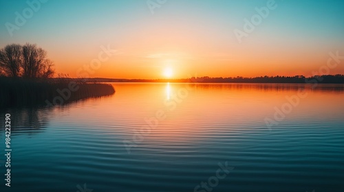 Sunset over a Calm Lake with Silhouetted Trees