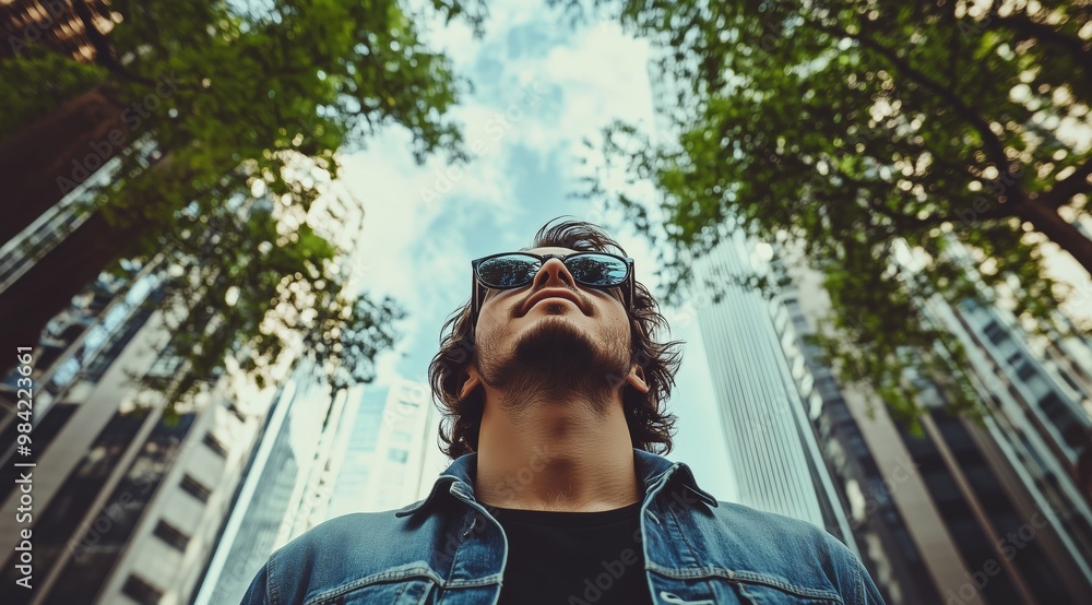 Handsome Man in Sunglasses and Denim Jacket Looking Up at Sky with Tall Buildings and Trees on Both Sides Handsome Man in Sunglasses and Denim Jacket Looking Up at Sky with Tall Buildings and Trees on Both Sides