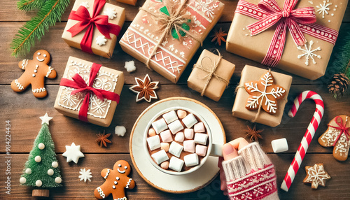 Hot Cocoa with Gingerbread Marshmallows and Christmas Gifts