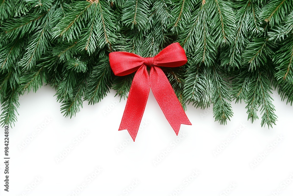 A red ribbon is tied to a green tree branch. The ribbon is tied in a bow and is positioned in the middle of the branch. Concept of festivity and joy, as the ribbon is often associated with Christmas A red ribbon is tied to a green tree branch. The ribbon is tied in a bow and is positioned in the middle of the branch. Concept of festivity and joy, as the ribbon is often associated with Christmas