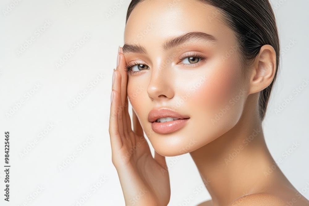 A glowing woman with sleek, tied-back hair lightly touches her face, showcasing her smooth A glowing woman with sleek, tied-back hair lightly touches her face, showcasing her smooth