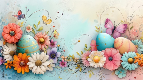 A vibrant card highlighting a decorated Easter egg with flowers and butterflies, placed in a basket filled with spring blooms, with a copy space for heartfelt greetings.