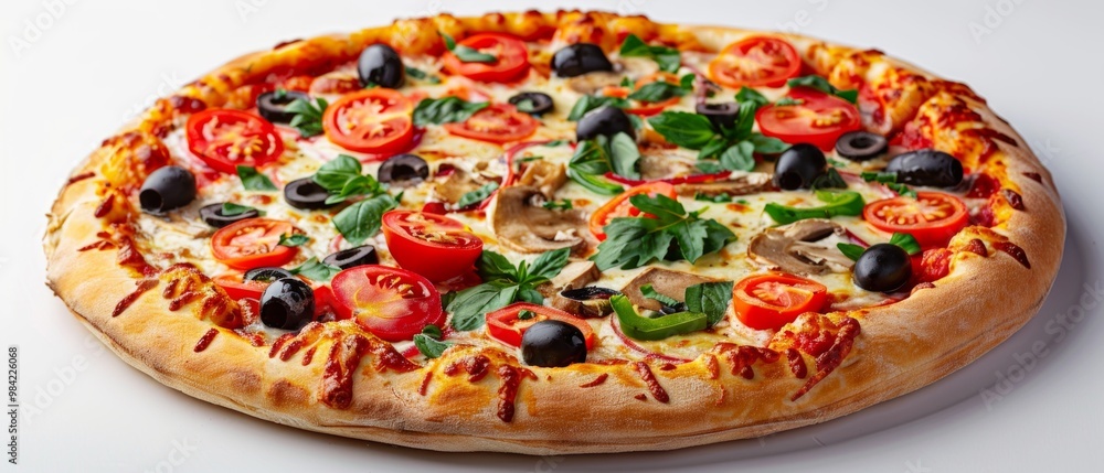 Image of a vegetable-topped pizza with thick crust on a white plate, cut into 8 slices with cherry tomatoes, olives, bell peppers, mushrooms, and greens. Image of a vegetable-topped pizza with thick crust on a white plate, cut into 8 slices with cherry tomatoes, olives, bell peppers, mushrooms, and greens.