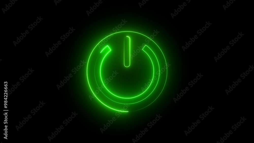 Animate neon smart power on/off buttons with startup and shutdown effects in digital interfaces on black background. Animate neon smart power on/off buttons with startup and shutdown effects in digital interfaces on black background.
