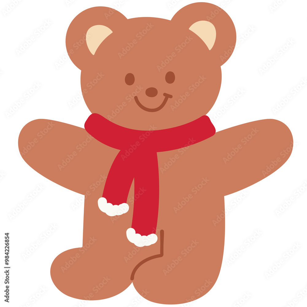 Fototapeta premium Christmas and New Year illustration of teddy bear wearing winter red scarf for festive decoration, sticker, animal, card print, cartoon character, comic, mascot, happy holidays, zoo, souvenir shop