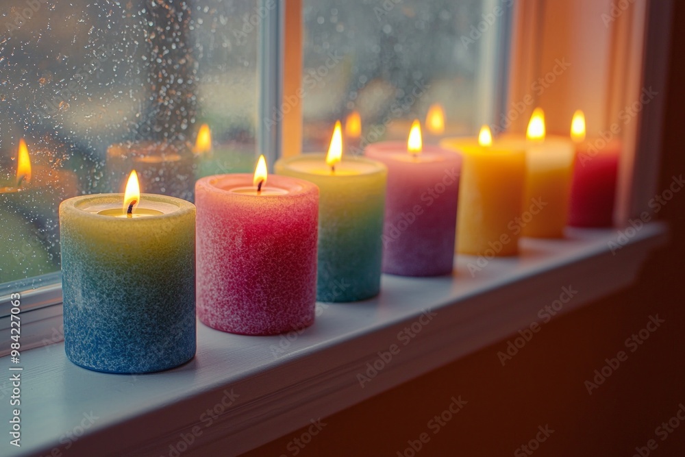 Brightly colored candles placed in a neat row along a windowsill Brightly colored candles placed in a neat row along a windowsill