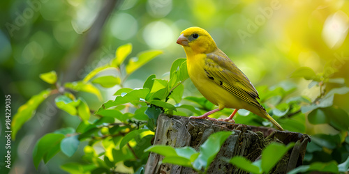 Yellow Bird on Tree Stump in Forest