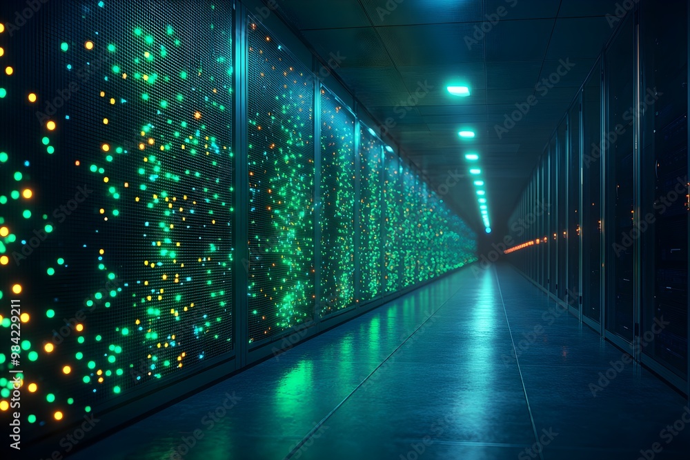 Futuristic Hospital Power Backup Room with Glowing Energy Cells in Secure, Dark Environment with Green and Blue Accents Futuristic Hospital Power Backup Room with Glowing Energy Cells in Secure, Dark Environment with Green and Blue Accents
