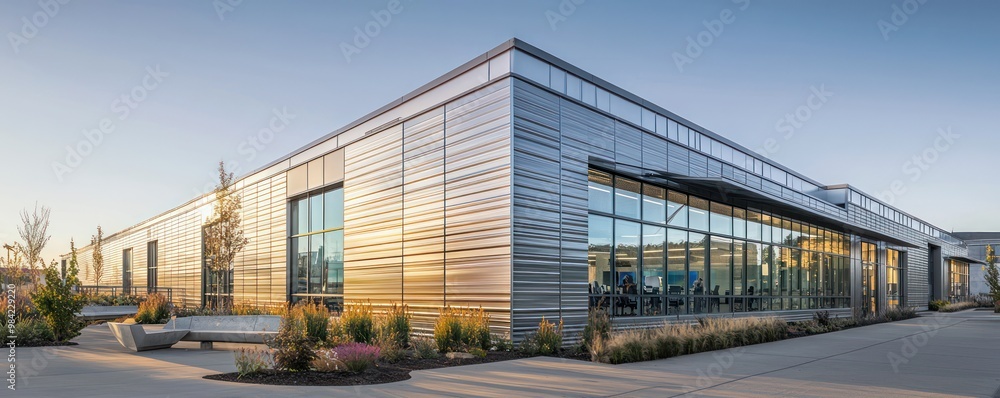 Obraz premium An innovative tech startup hub with metallic James Hardie siding, reflecting the dynamic and futuristic nature of the businesses it houses, located in an emerging tech district