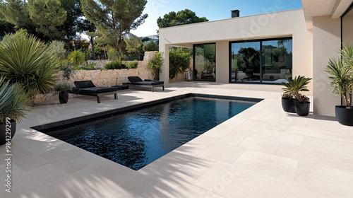 Wallpaper Mural A modern, minimalist pool with black tile and lounge chairs, surrounded by lush greenery and a stone wall in the background. Torontodigital.ca