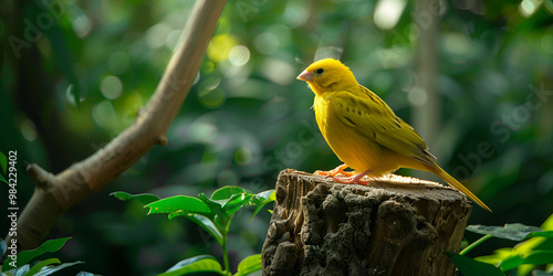 Yellow Bird on Tree Stump in Forest